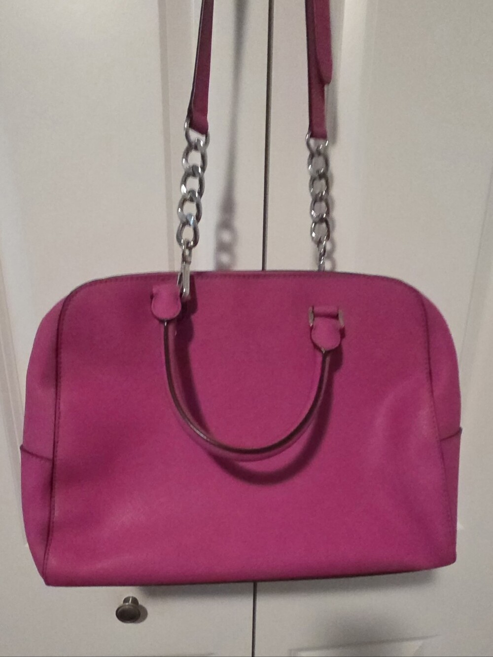Michael Kors Fuchsia Leather Satchel with Chain Strap and MK Charm - Picture 6 of 9